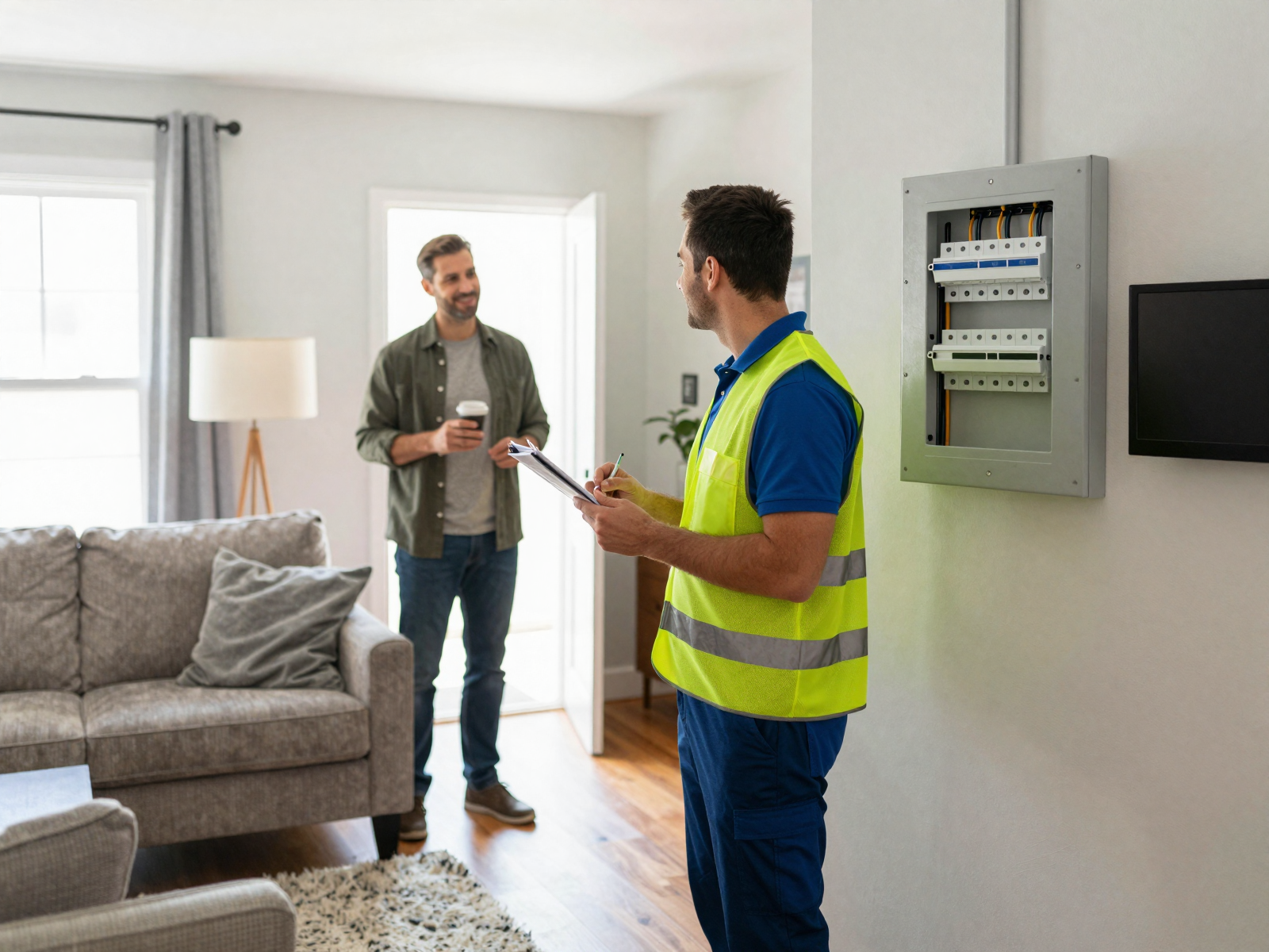 Professional electrician completing a home electrical service with satisfied homeowner